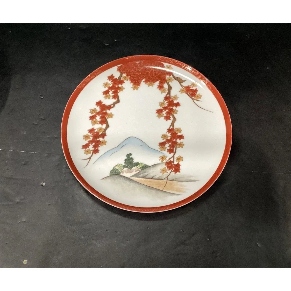 Arita China Art15 Rust Gold Leaves Branches-Trees/Hills-Dinner Plates Set of‎ 2